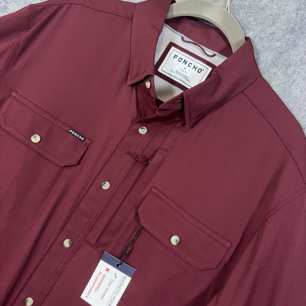 Poncho Original Shirt Men Sz M Maroon Slim Fit Magnetic Pockets UPF 50+ NWT
